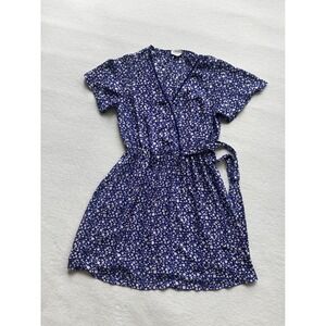 Sienna Sky Floral Wrap Dress Women Size M Blue Short Sleeve V-Neck 02CDR1630